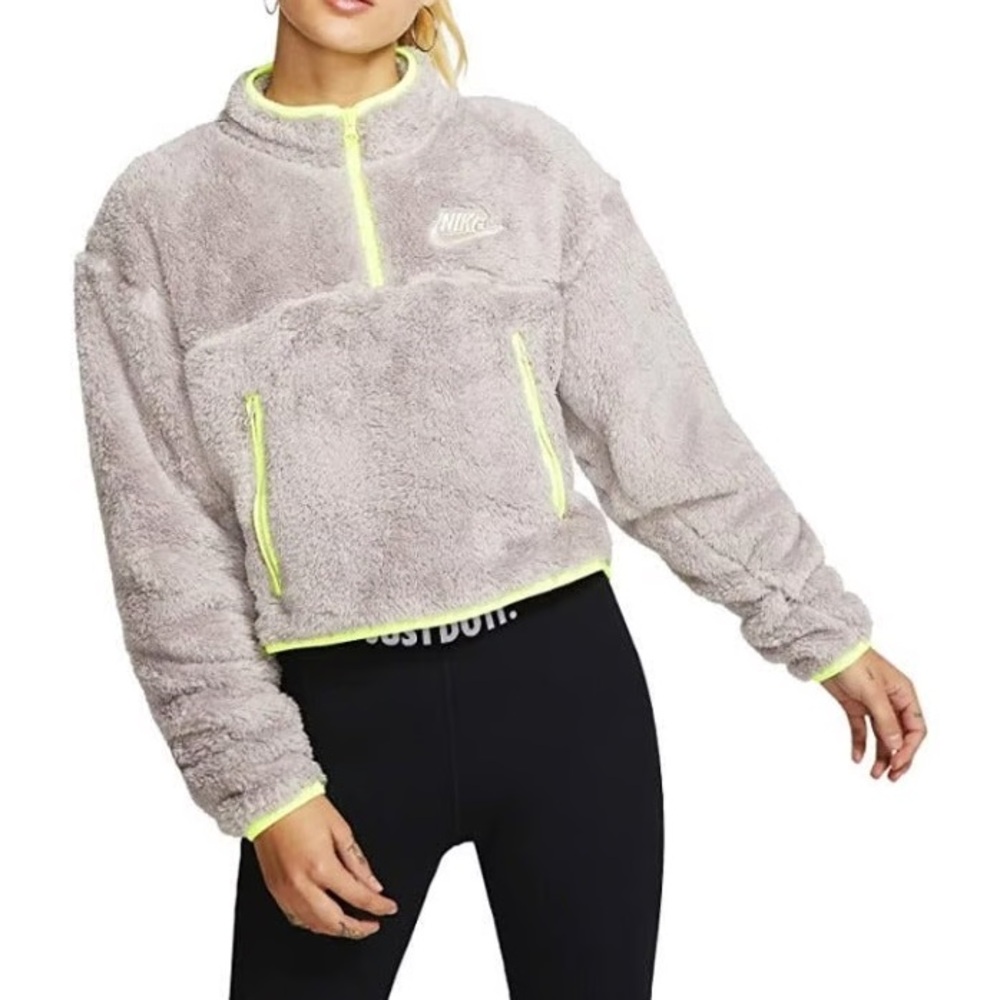 Nike Cropped Sherpa Half Zip Gray Fleece with Neon Yellow Trim